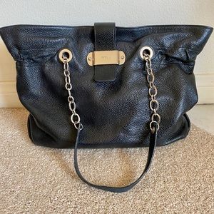 FURLA Black Pebble Leather Tote Bag with Silver Chain Strap